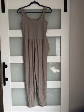 Beyond Yoga Beyond the Bump Sleeveless Scoop Neck Jumpsuit in Taupe